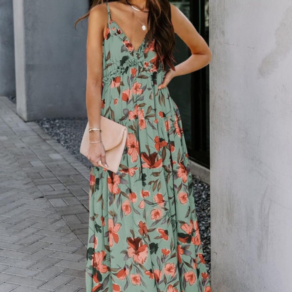 BLENCOT Women's Casual Boho Floral Printed Deep V Neck Dress, L NWOT